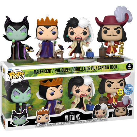 Funko POP Maléfica, Reina Malvada, Cruella de Vil y Capitán Garfio Disney Villains Pack 4